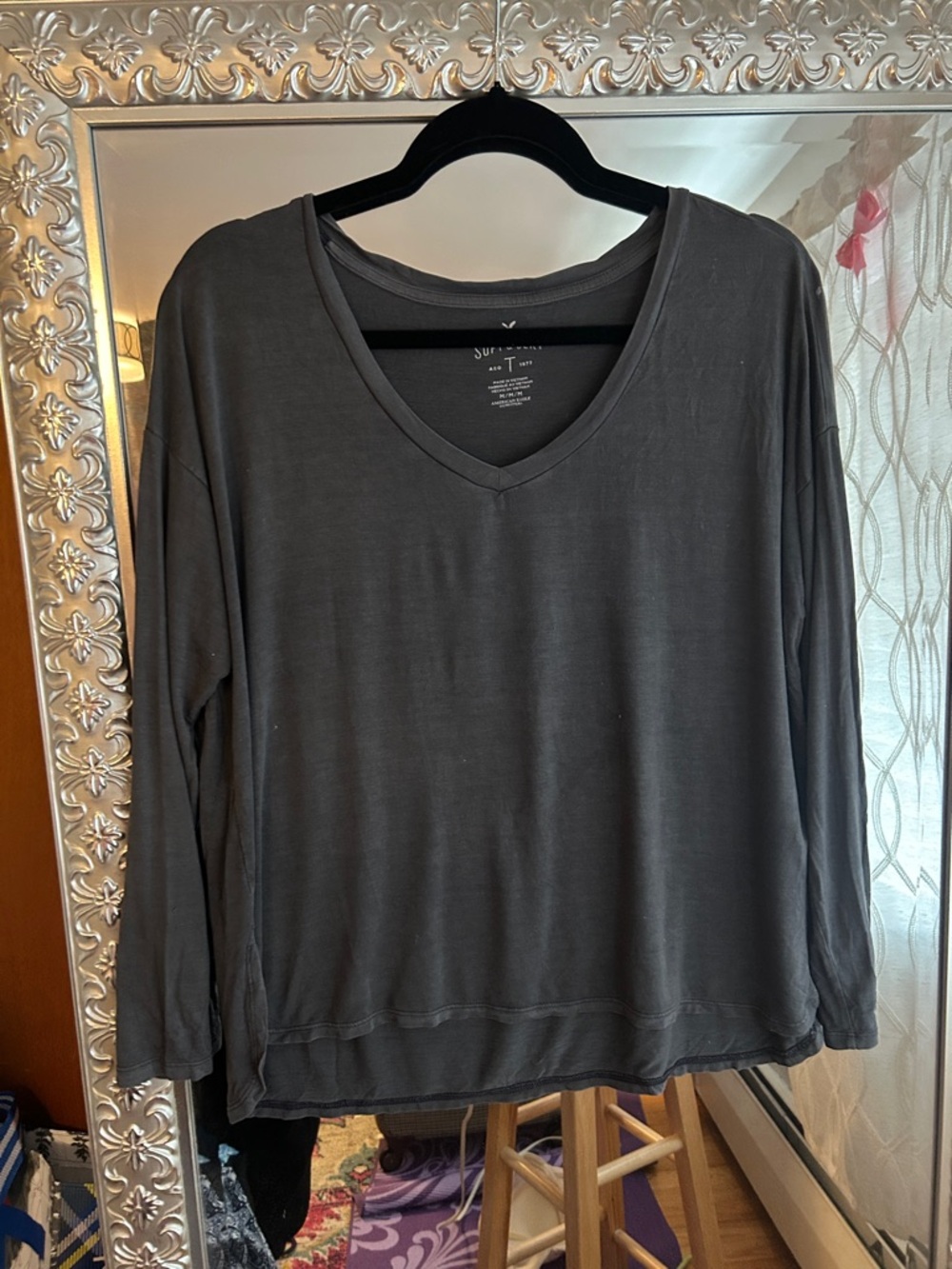 American Eagle Outfitters Charcoal V-Neck Long Sleeve Top